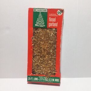 Vintage Kress Gold Tinsel Garland-35 ft Long-2 Inches Wide-New With Box Damage